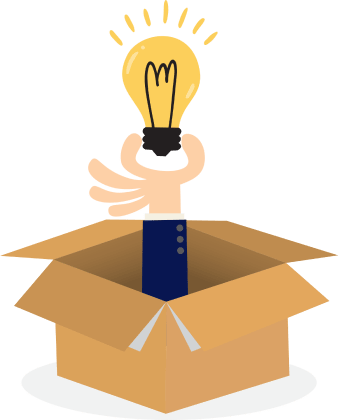 O que é o marketing digital? Ilustração de mão a sair de uma caixa e a segurar uma lâmpada.