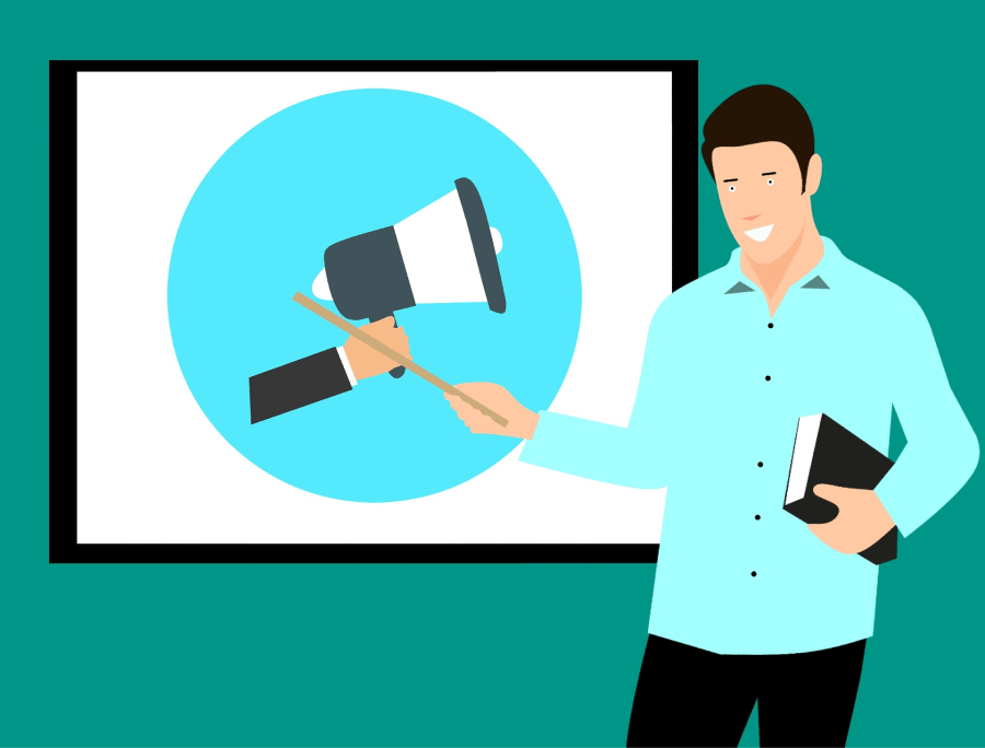 Ilustração com um explicador com um apontador para uma tela de fundo com a imagem de uma mão a segurar um megafone.